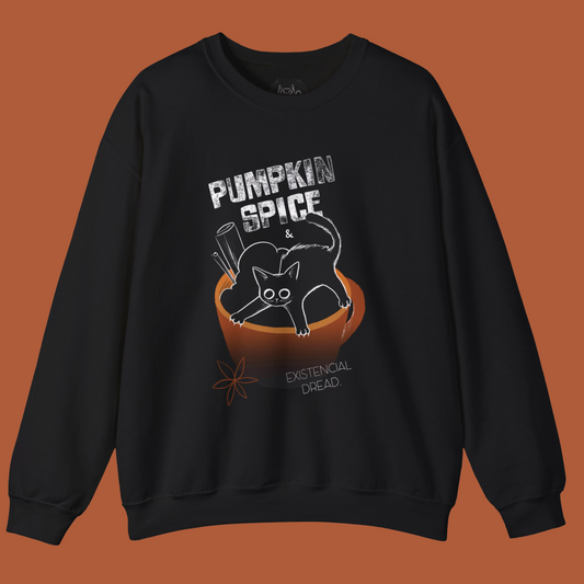 Black sweatshirt with a graphic of a cat a cup of pumpkin spice latte and text on a brown background