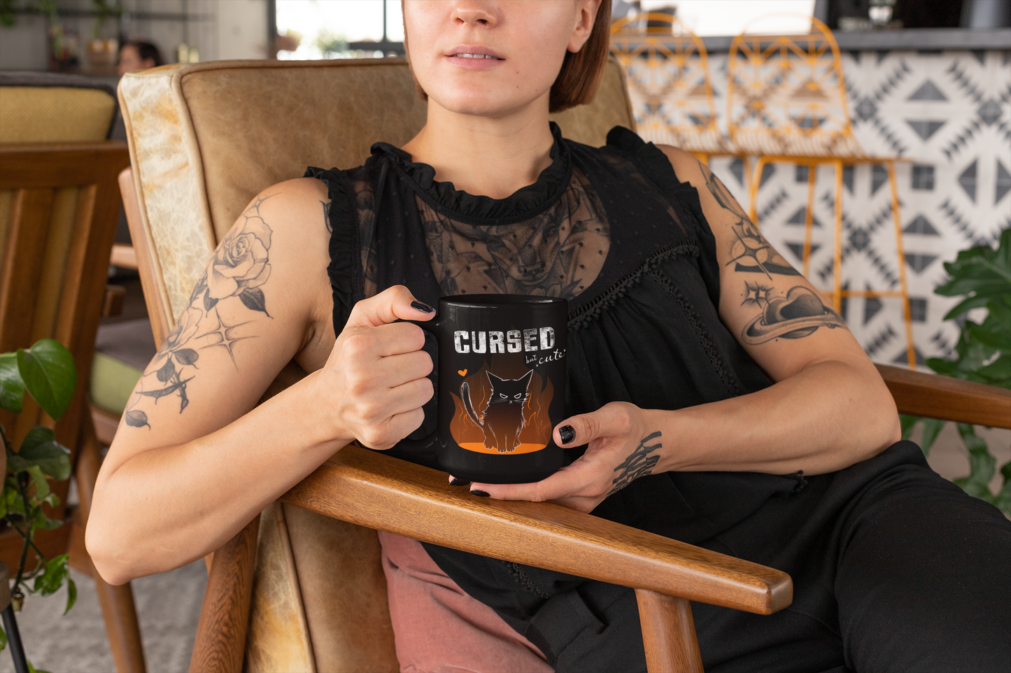 Black Coffee Mug - "Cursed but Cute" 15oz