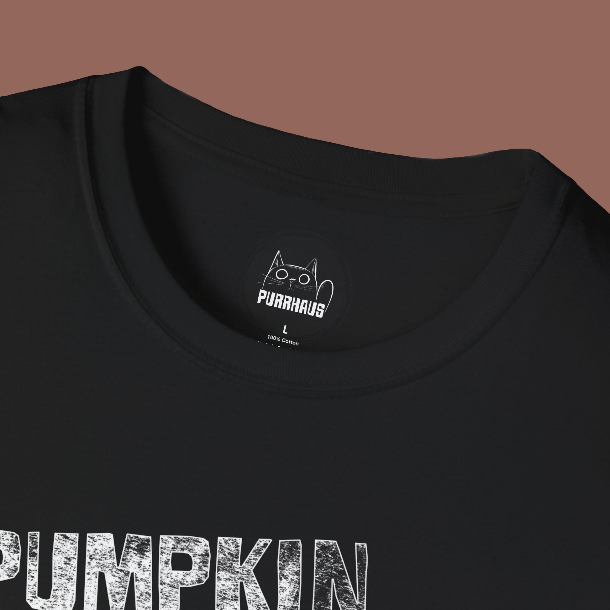 Black t-shirt with 'Pumpkin' text and a brand logo on a brown background